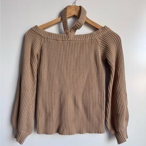 Lovers + Friends Women Small Sweater Knit Boatneck Tan Camel Puff‎ Sleeve Halter